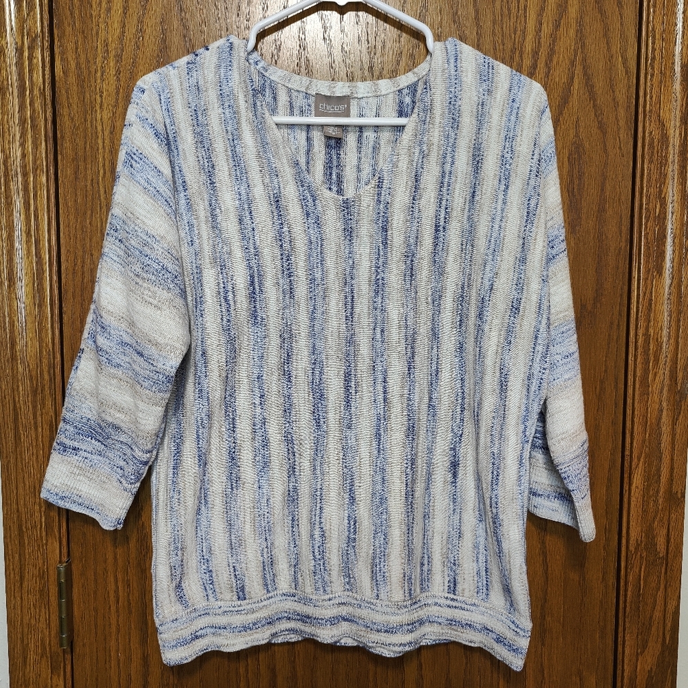 Women's Chicos Blue, Tan & White 3/4 Sleeve Sweater, Size Small